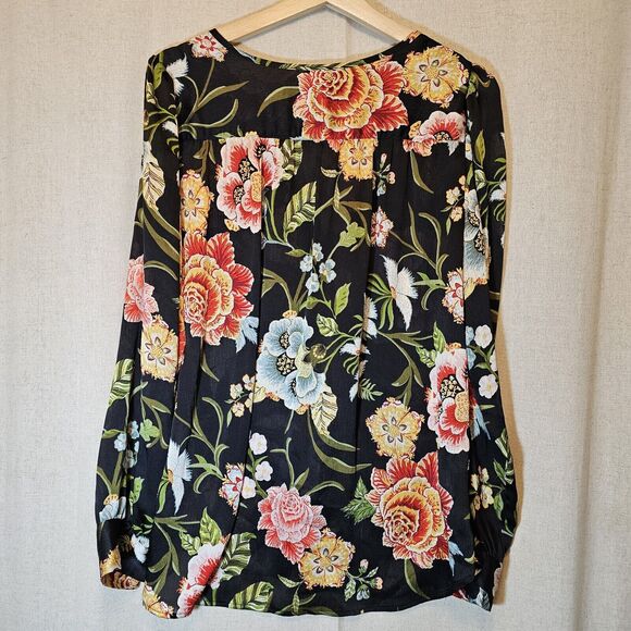 LOFT Black Colorful Floral LS Semi-Sheer Button Keyhole Blouse Breezy Medium - Picture 6 of 9